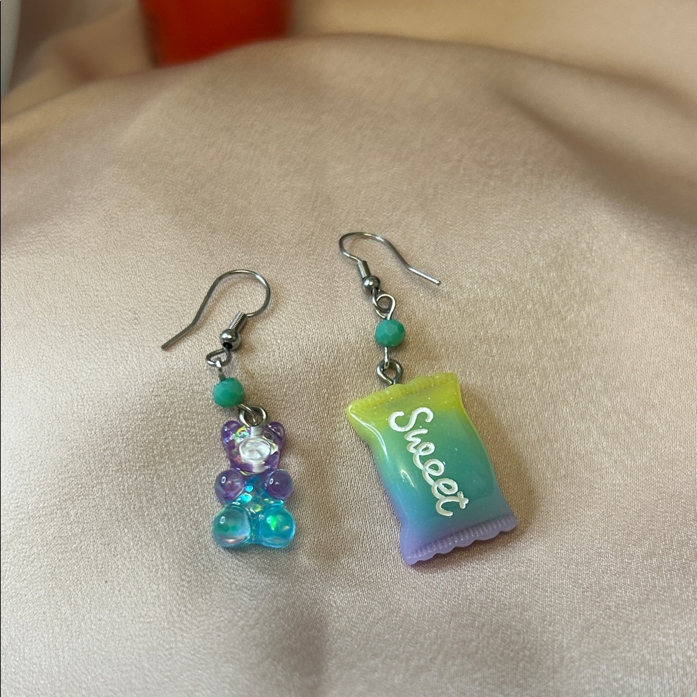Asymmetrical 'Sweet' Candy & Gummy Bear Earrings in Green and Purple
